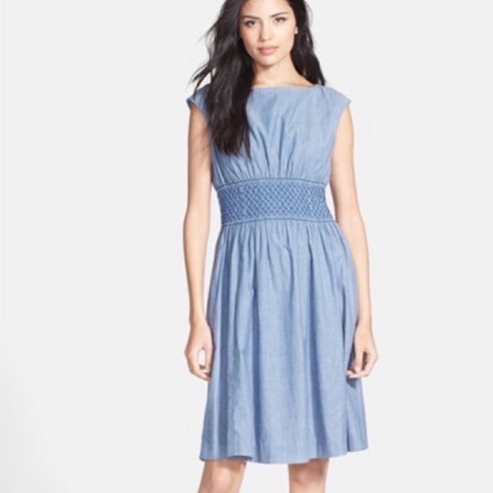 Kate Spade Designer Chambray Smocked Waist Preppy Midi Dress W/ Pockets Sz 8